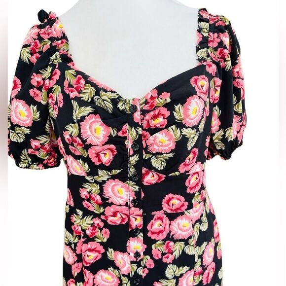 Unique Vintage Floral Pink and Black midi/maxi Dress w/sweetheart neck size L - Picture 2 of 8